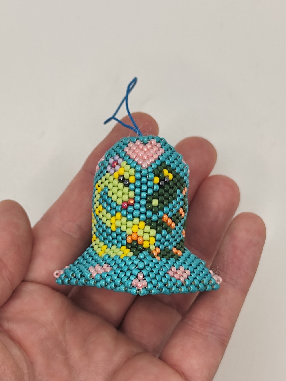 Handmade Turquoise Beaded Holiday Bell Ornament - Unbranded